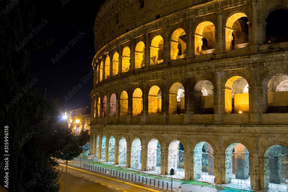 Colosseum night view, Rome landmark, Italy