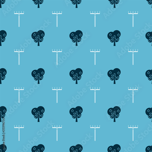 Set Tree with apple and Garden rake on seamless pattern. Vector photo