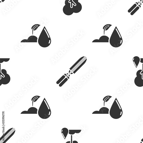 Set Watering Tree, Gardening handmade scissors for trimming and Watering sprout on seamless pattern. Vector