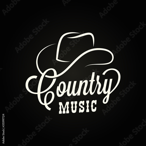 Country music sign. Cowboy hat with country music