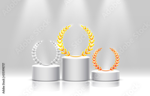 Stage podium with lighting, Stage Podium Scene with for Award Ceremony on gray Background.