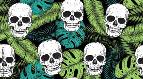 Skull and palm leaves seamless pattern. Hand drawn vector illustration. Fabric design template. Skull background. Tropical vector illustration.