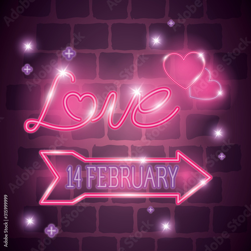 february 14 label in neon light, valentines day vector illustration design
