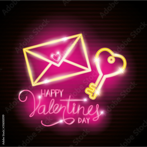 happy valentines day label in neon light, icons valentine day vector illustration design