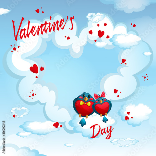 Birds on the background of a cloud-heart. Frame for text or photo about Valentine's Day. Vector greeting card.