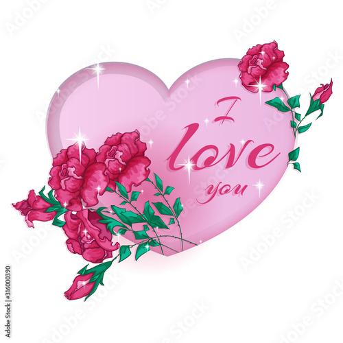 Greeting card for Valentine's Day with a pink heart cut out of paper and a bouquet of luxurious red roses.