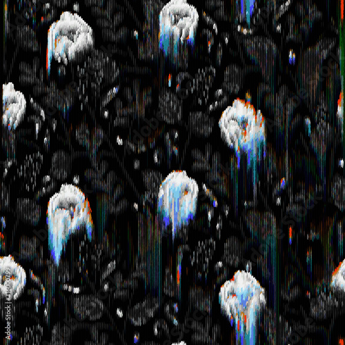 Floral techno glitch surreal flower noisy saturated fantasy future chaos digital effect graphical motif design. Seamless repeat vector eps 10 pattern swatch.