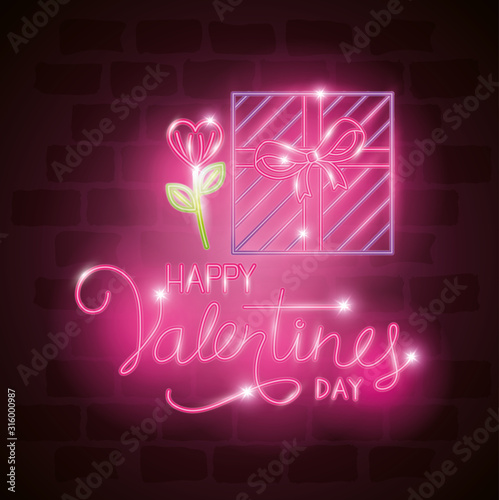 happy valentines day label in neon light, icons valentine day vector illustration design