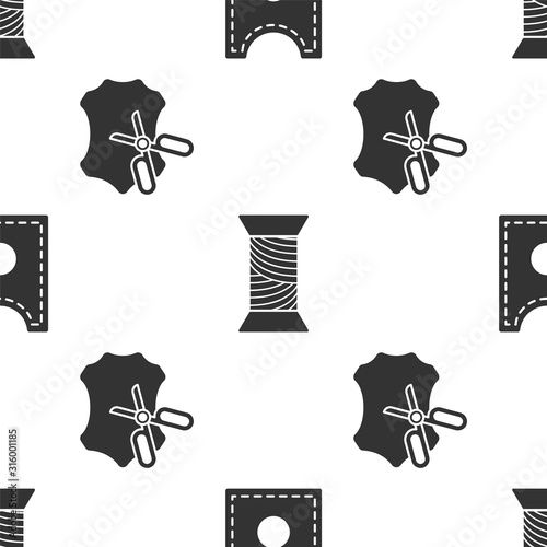 Set Sewing Pattern, Sewing thread on spool and Scissors and leather on seamless pattern. Vector