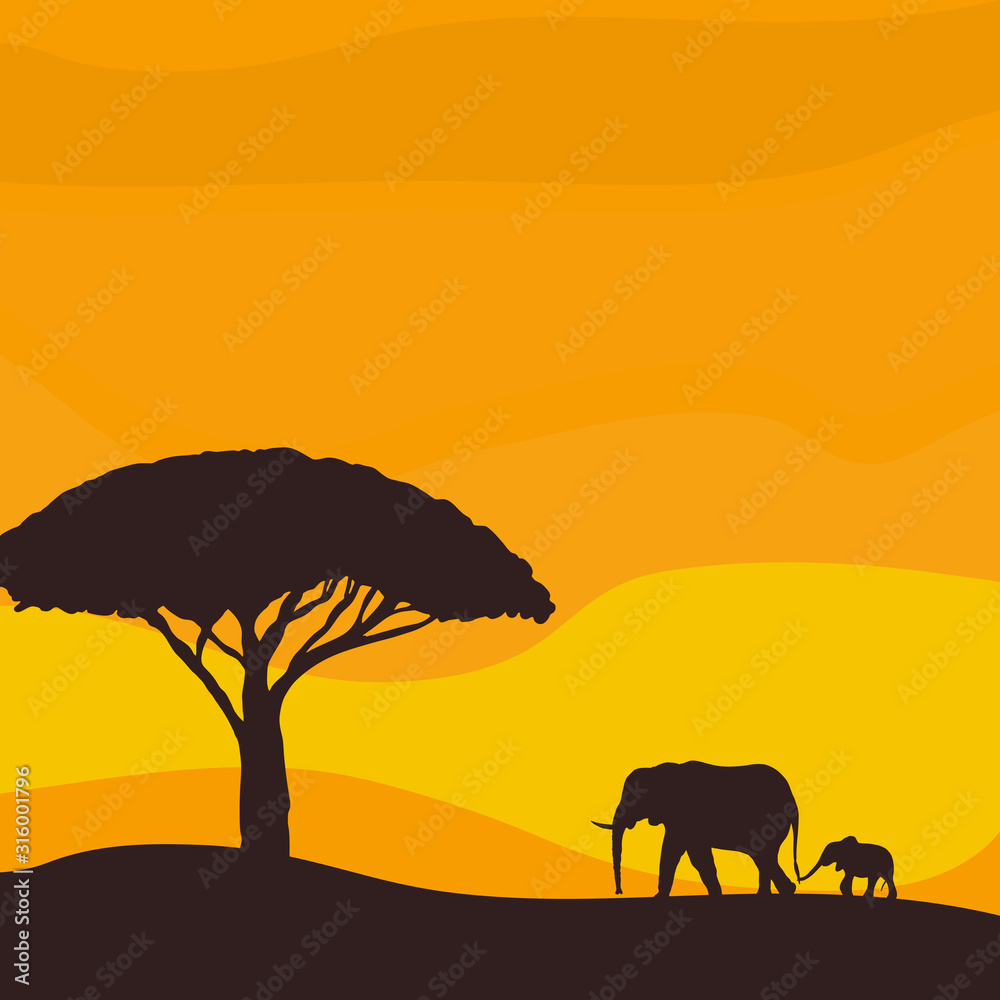 Sunset in the savannah. African elephant with baby elephant. Vector illustration.