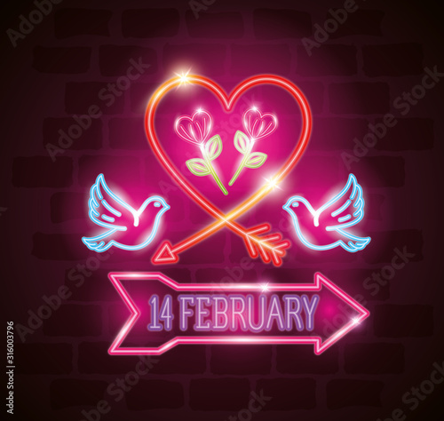 set of valentine icons in neon light vector illustration design