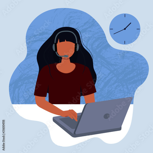 Сustomer service. Woman with headphones and microphone with laptop. Concept illustration for support, assistance, call center. Vector illustration in flat style