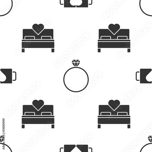 Set Two coffee cup and heart, Diamond engagement ring and Bedroom on seamless pattern. Vector