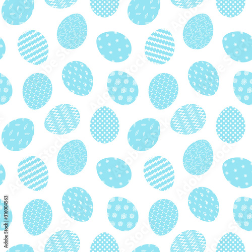 Cute Happy Easter seamless pattern with mess of blue eggs with tender white decoration. Gentle turquoise ornate eggs texture for Easters package, gift wrapping paper, textile, covers, greeting cards