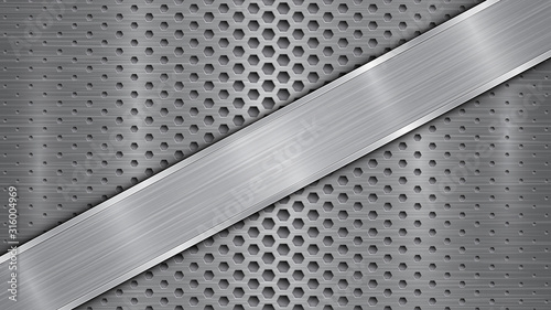 Background in gray colors, consisting of a metallic perforated surface with holes and a polished plate with metal texture, glares and shiny edges