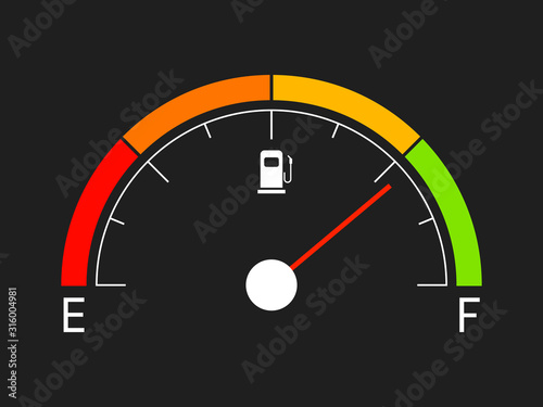 Fuel gauge. Gasoline icon isolated on black background. Gas indicator in flat style. Oil bar with color elements. Manometer visualization with fuel icon. Vector illustration