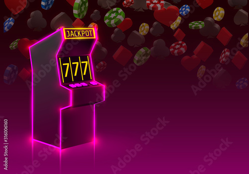 3d slots machine wins the jackpot, Neon slot machine, Playing Cards wins the jackpot.
