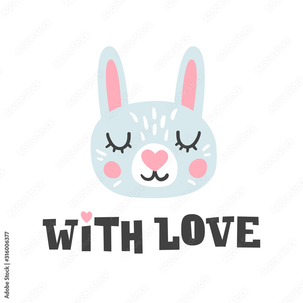 With love. Rabbit head and romantic hand drawn quote. Bunny face character. Post card for happy valentines day. With love. Rabbit head and romantic hand drawn quote. Bunny face character. Post card for happy valentines day.