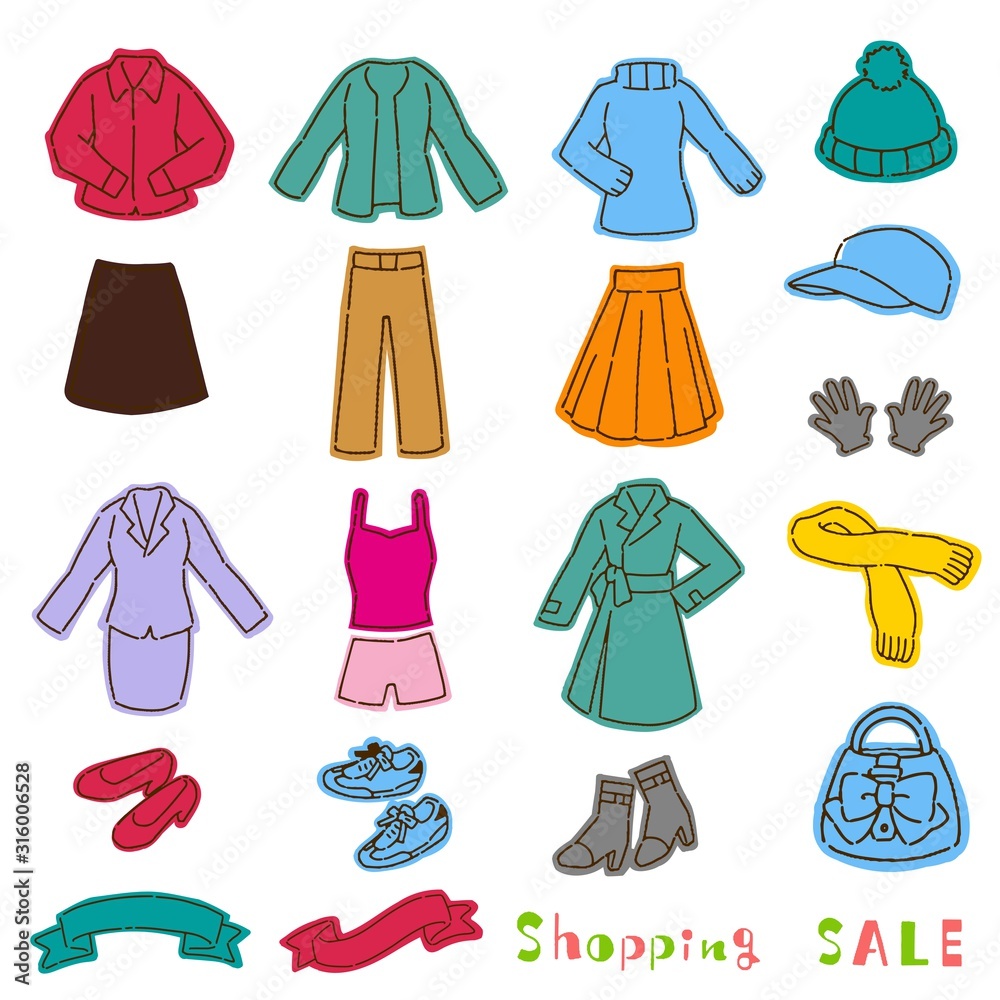 手書き風女性の服やカバンのイラストセット Stock Vector Adobe Stock