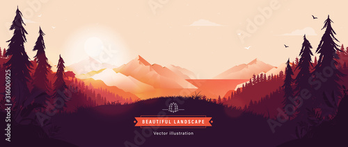 Beautiful vector landscape illustration - Peaceful warm sunrise over mountains, ocean and forest. Travel, hiking, outdoors and adventure concept. Use as background or wallpaper.