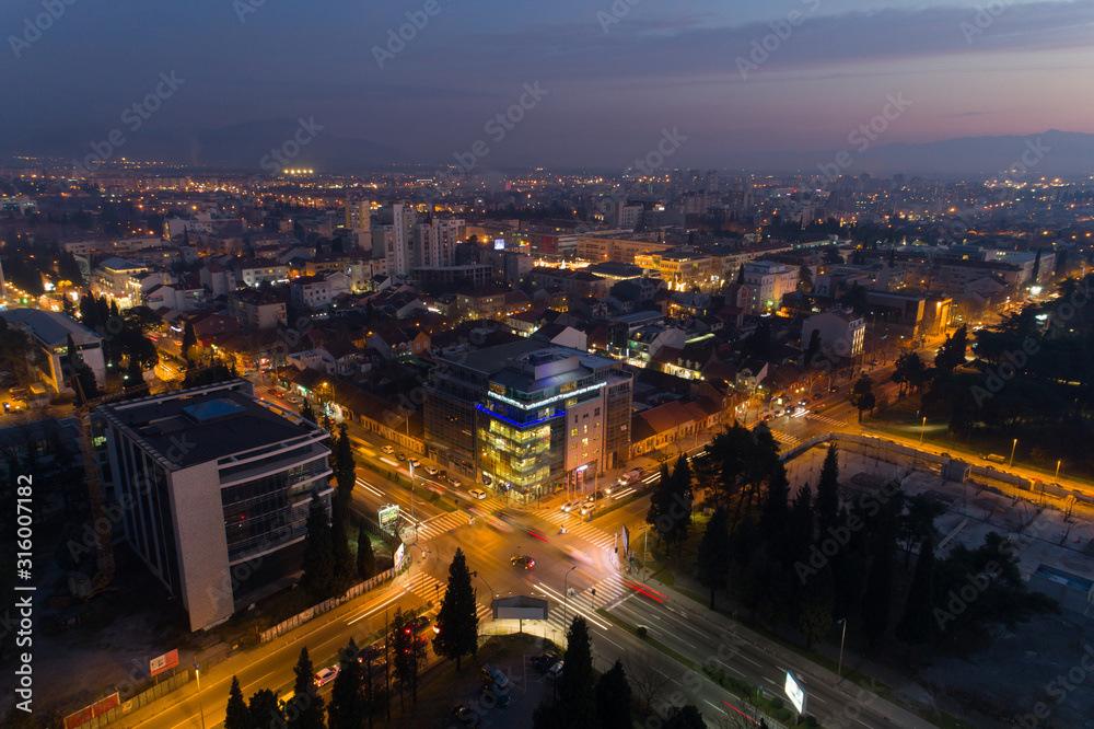 aerial view of Podgorica city after sunset