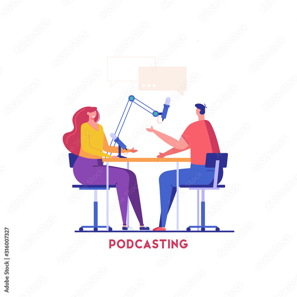 Podcast presenters with a microphone talking live in studio. Happy man and woman working on the radio. Concept of podcasting, radio station for UI web banner. Vector flat illustration