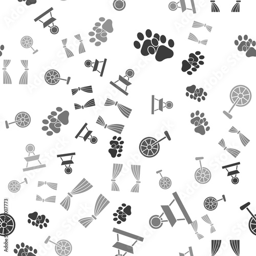 Set Paw print, Attraction carousel, Unicycle or one wheel bicycle and Curtain on seamless pattern. Vector