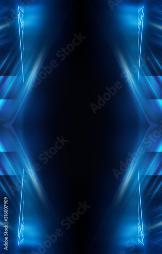 Abstract dark blue neon background. Lines and light rays. Abstract light. Empty scene, night view.