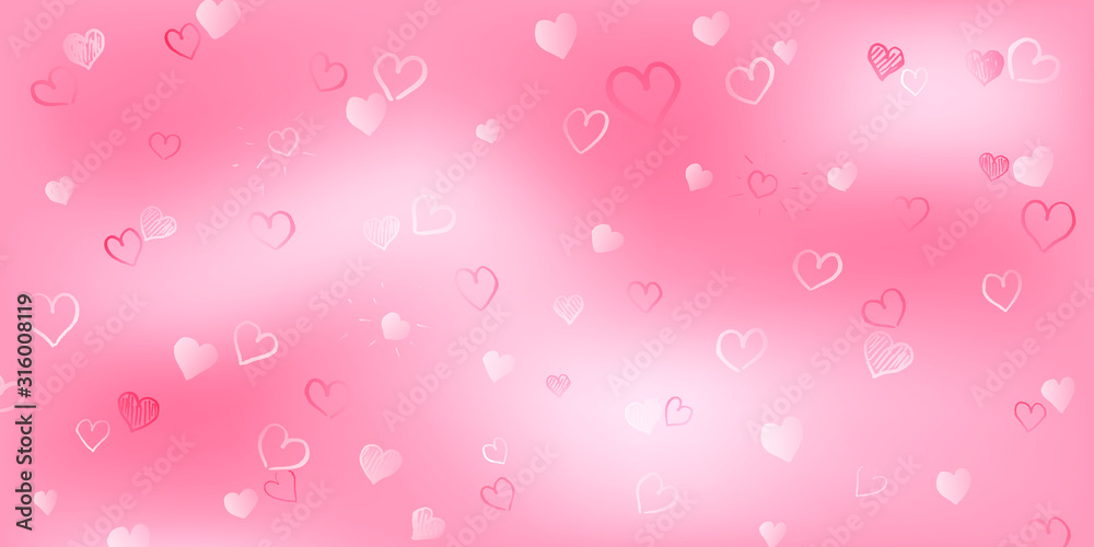 Background of small white hand drawn hearts on pink background. Illustration on Valentine's day