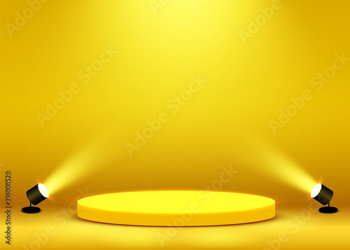 Stage Podium Scene for Award Ceremony illuminated with spotlight. Award ceremony concept. Stage backdrop. photo