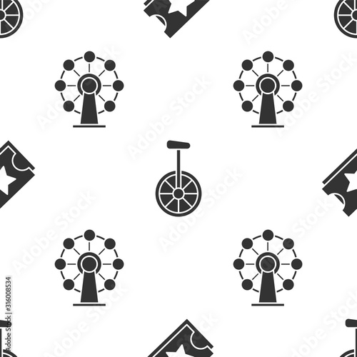 Set Ticket, Unicycle or one wheel bicycle and Ferris wheel on seamless pattern. Vector