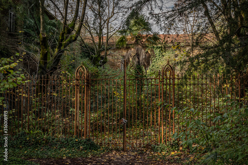 Old rusty railing of an abandoned madhouse photo