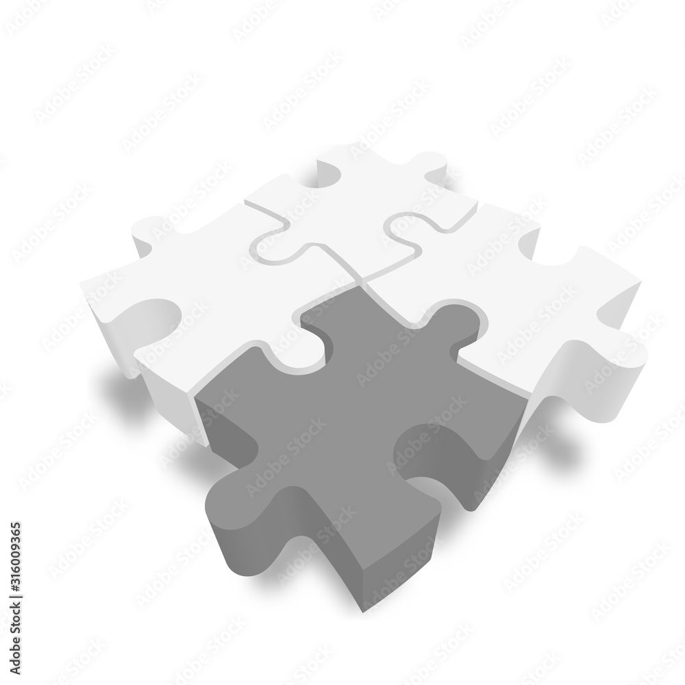 3D jigsaw puzzle pieces. White pieces with one dark grey highlighted. Team cooperation, teamwork or solution business theme. Vector illustration with dropped shadow 3D jigsaw puzzle pieces. White pieces with one dark grey highlighted. Team cooperation, teamwork or solution business theme. Vector illustration with dropped shadow