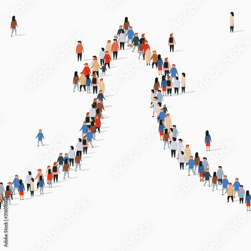 Large group of people in an arrow.