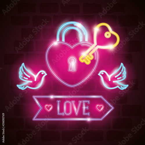 set of valentine icons in neon light vector illustration design