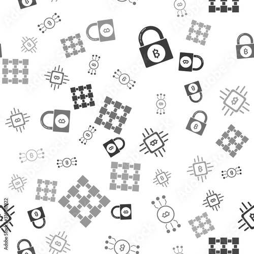 Set Lock with bitcoin, Cryptocurrency bitcoin in circle with microchip circuit, CPU mining farm and Blockchain technology on seamless pattern. Vector