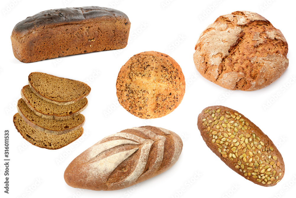 Set bread from various kinds flour isolated on white