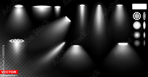 Realistic different glow light effect with white spotlight. Abstract special effect element design. Black stage background. Layered vector with transparency.
