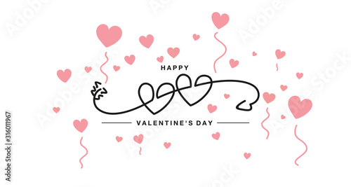 Happy Valentines Day handwritten two hearts with arrow line design pink hearts white background banner
