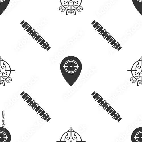 Set Hunt on deer with crosshairs, Hunt place and Hunting cartridge belt with cartridges on seamless pattern. Vector