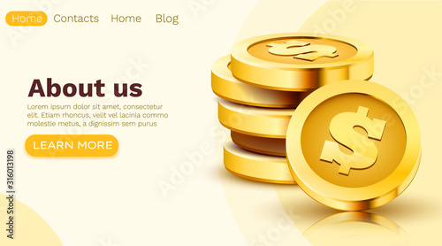 Stack of golden dollar coins isolated on white background. Make money online concept. Landing page template.