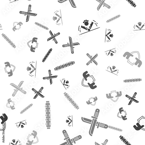 Set Trap hunting, Crossed hunter knife, Moose horns on shield and Hunting cartridge belt with cartridges on seamless pattern. Vector