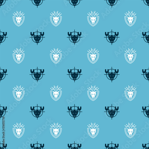 Set Hunt on moose with crosshairs and Deer head with antlers on shield on seamless pattern. Vector
