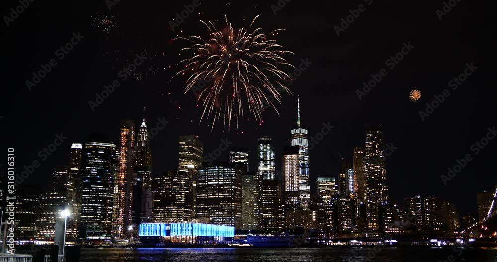 4K: Fireworks over Manhattan Skyscrapers, New York City, USA at night 