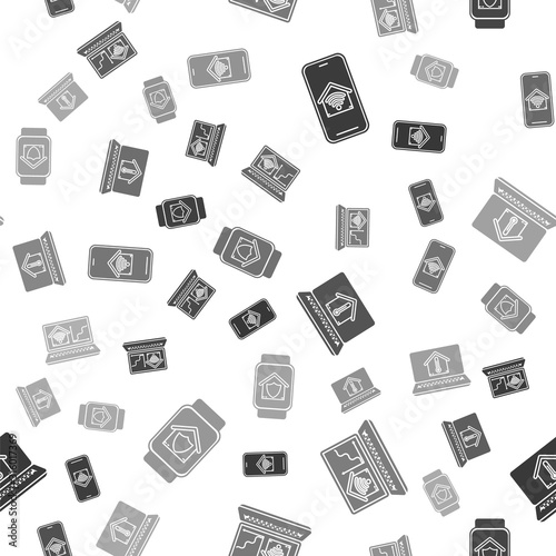 Set Mobile phone with smart home with wi-fi, Laptop with smart home with wi-fi, Laptop with house temperature and Smart watch with house under protection on seamless pattern. Vector