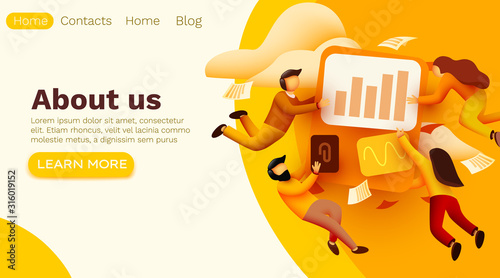 Small 3d flying people around business solution elements working together. Teamwork concept.