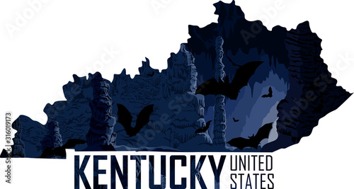 vector Kentucky - American state map with bats in cave