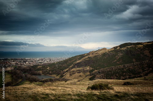 Landscape view tot he north-east of Arthur's Seat, looking out over Leith to the Firth of Forth