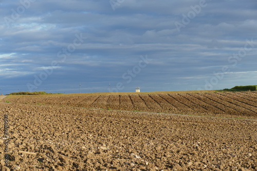 Braunes Feld / Acker und Himmel mit Turmteil im Hintergrund