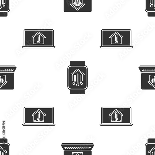 Set Laptop with smart home with wi-fi, Smart home with smart watch and Laptop with house temperature on seamless pattern. Vector